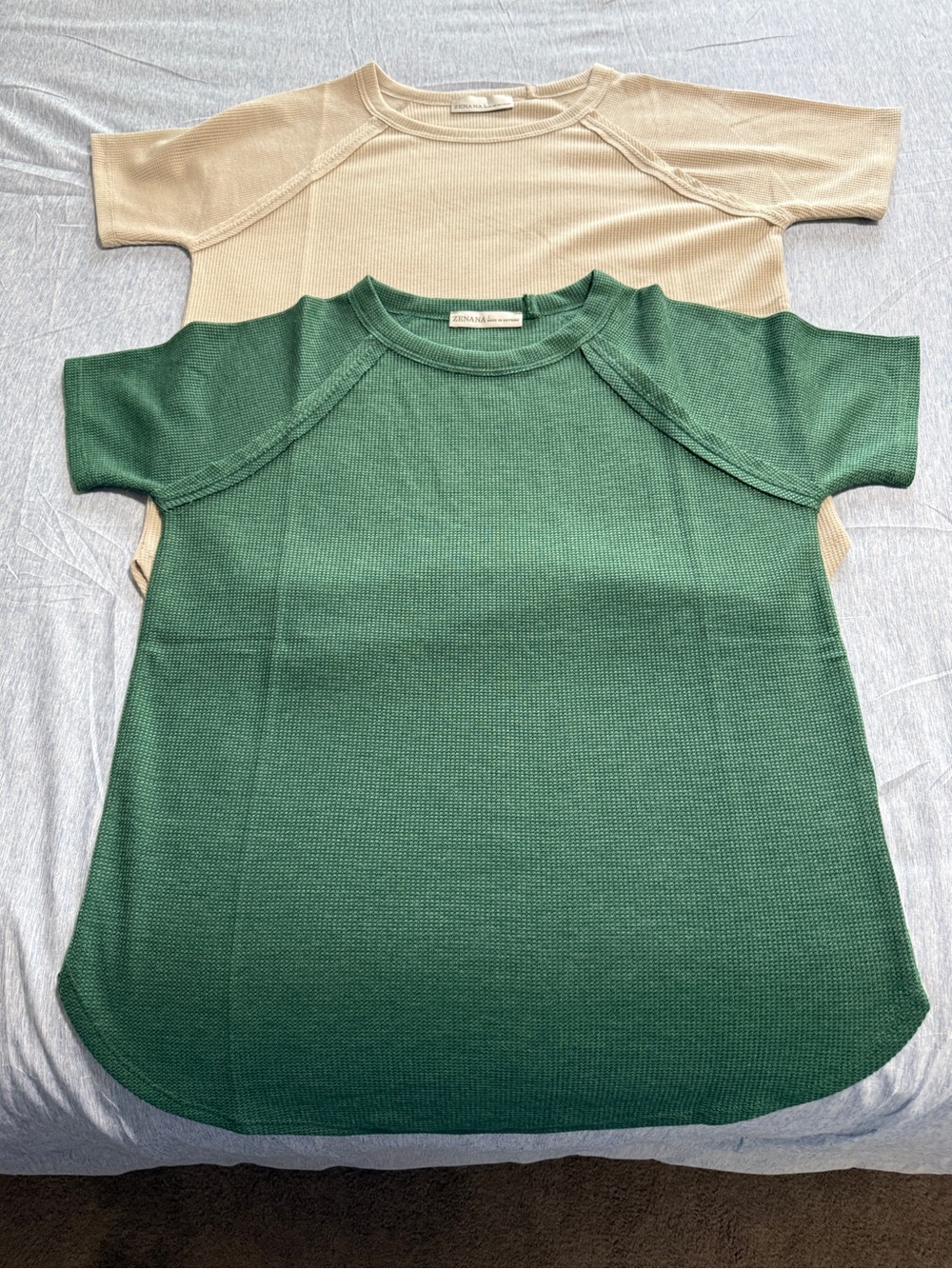 Zenana Short-Sleeve Soft Tops in Green and Cream, Perfect Closet Staples